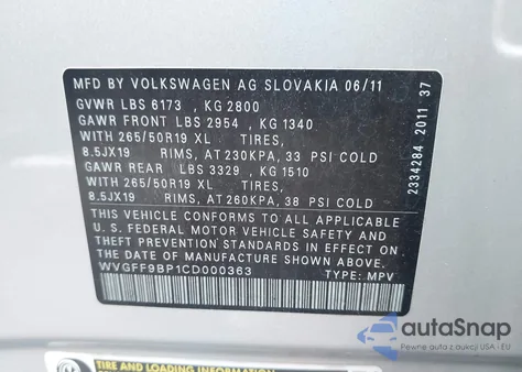 2012 Volkswagen Touareg Vr6 Lux из США, поврежденный, VIN WVGFF9BP1CD000363
